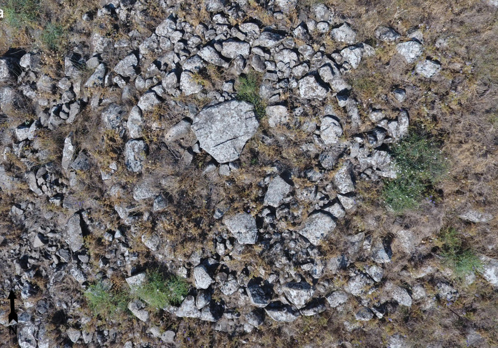 הסלע דמוי הפרצוף האנושי – מבט אוירי על מכסה הדולמן מקריית שמונה. צילום: מיקי פלג