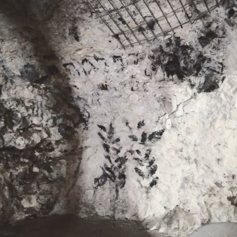 תרשים בפחם לסמל הפלמ"ח. הסמל מצויין על קיר מערת הפלמ"ח במשמר העמק - צילום: אפי אליאן